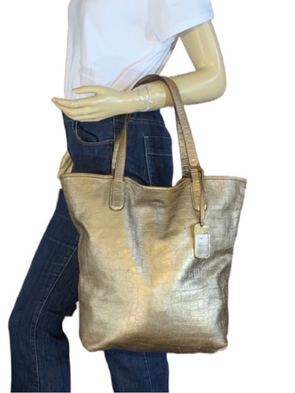 LAUREN RALPH LAUREN GOLD SNAKESKIN-EMBOSSED LEATHER TOTE BAG